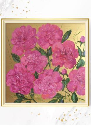 Картина розовые пионы на золотом фоне, масло, двп, оригинал8 фото