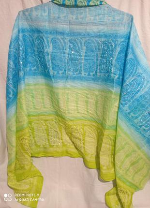 Ро1. бавовняний шарф парео палантин великий гарний блакитний салатовий з вышивкою пайєтками