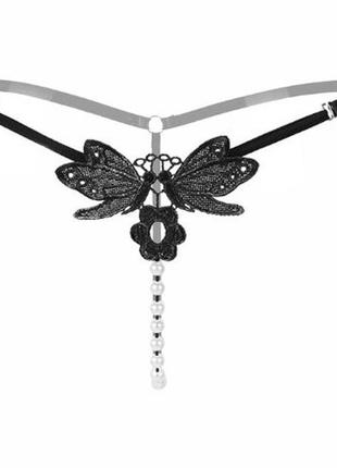 Эротические стринги с жемчугом и бабочками - размер универсальный (на резинке)