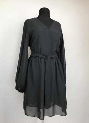 Черное короткое платье из шифона с рукавами3 фото