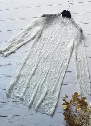 Белая кружевная туника накидка с длинным рукавом