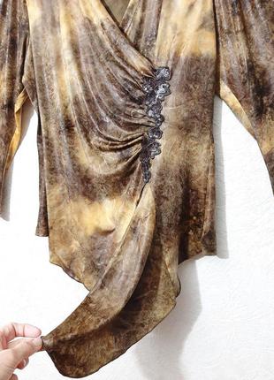 Sumak турецкая блуза нарядная на запах ассиметрия блуза коричневая с блеском стрейч женская кофточка4 фото