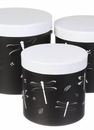 Набор круглых подарочных коробок "стрекоза" черно-белых (комплект 3 шт)1 фото