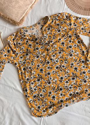 Нарядная жёлтая блузка-рубашка в цветочек h&m (размер 12-16)