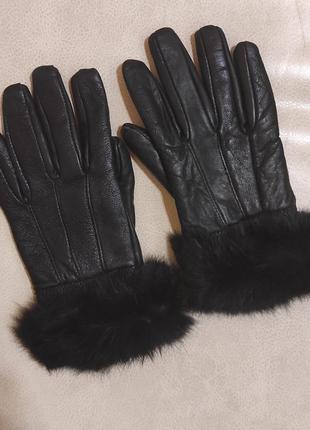 Кожаные перчатки с натуральным мехом кролика1 фото