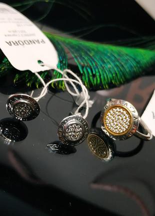 Сережки каблучка набір пандора срібло 925 проба цирконій ale логотип бренду камені колір золото велике кільце логомания