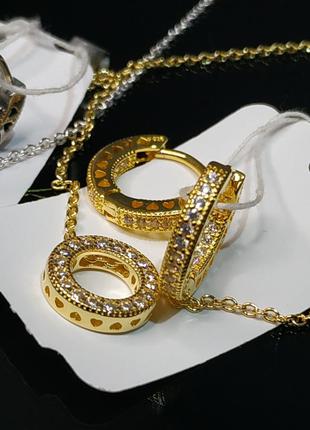 Ожерелье серьги набор пандора серебро 925 проба ale цирконий пломба бирка цвет золото логомания круг камней камни 367436c01 хупы подвеска наборы