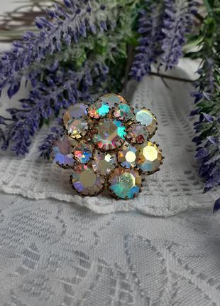 Брошь цветок аврора бореалис чехословакия круглая объемная многослойная кристаллы винтаж северное сияние9 фото