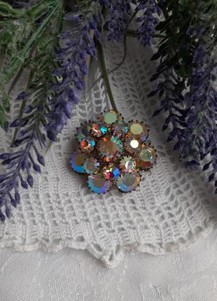 Брошь цветок аврора бореалис чехословакия круглая объемная многослойная кристаллы винтаж северное сияние4 фото