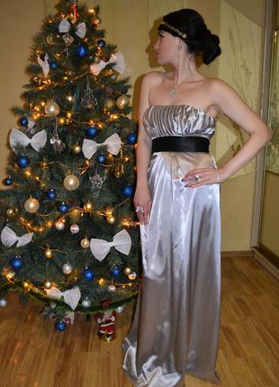 Стальное вечернее платье, серебряное длинное нарядное платье с бантом2 фото