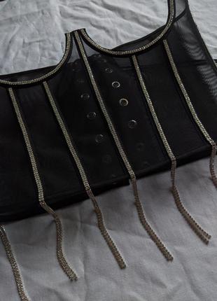 Черный корсет со стразами на шнуровке, корсаж5 фото