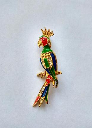 Внтажная брошка папуга, позолота, емаль кристали америка