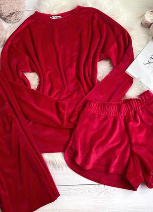 Яркая красна плюшевая пижама, домашний костюм велюр кофта, штани, шорти, пижама тройка велюр, піжама трійка1 фото