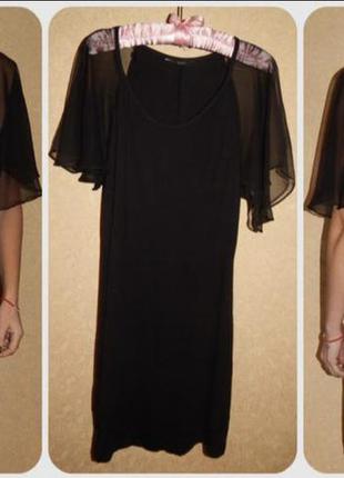 Чёрное платье трикотажное с шифоновыми рукавами1 фото