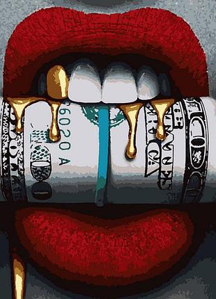 Картина по номерам 40*50 "greedy" с золотой краской, губы, рот, доллар