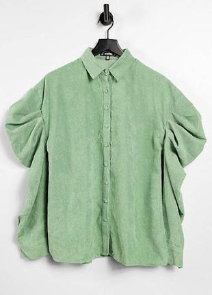 Крутая рубашка из микровельвета с объемными рукавами оверсайз в цвете шалфея2 фото