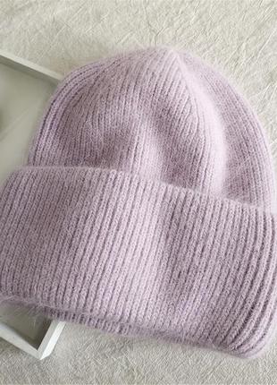 Шапка шапочка ангоровая с заворотом коричнева розовая3 фото