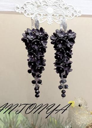 Чорні сережки з квітами, чорні довгі сережки, сережки грона чорні з англійським замком5 фото
