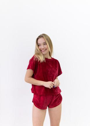Пижама женская двойка плюш велюр цвет вишнёвый