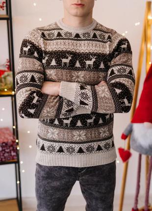 Чоловічий светр з оленями шерстяний новорічний2 фото
