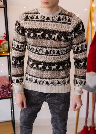 Чоловічий светр з оленями шерстяний новорічний
