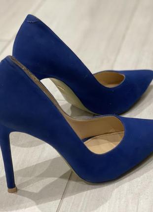 Туфли лодочки женские синие на каблуке3 фото