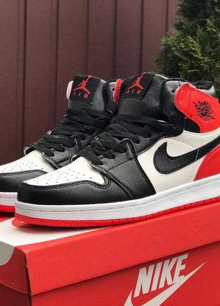 Чоловічі зимові кросівки nike air jordan 1 retro black/red, високі, шкіряні, на хутрі
