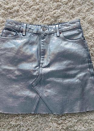 Юбка джинсовая краска серебро серебристая высокая посадка мини