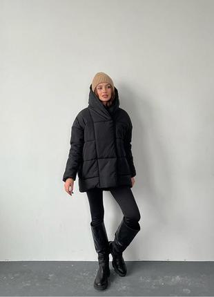 Зимовий теплий об'ємний пуховик, куртка-ковдра чорний бежевий3 фото