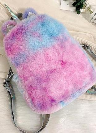 Детский мягкий меховой рюкзак единорог радужный aliri-00508