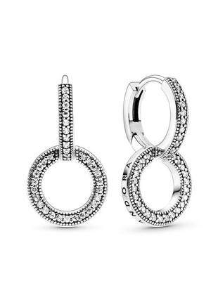 Серьги ожерелье набор пандора серебро 925 проба цирконий 299052c01 бирка два круга камней логотип логомания цепочка кулон подвеска сердечки сердце6 фото