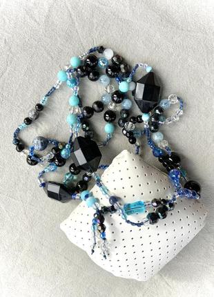 Ожерелье длинное авторское бусины натуральный камень пластик стекло цвет чёрный синий голубой6 фото