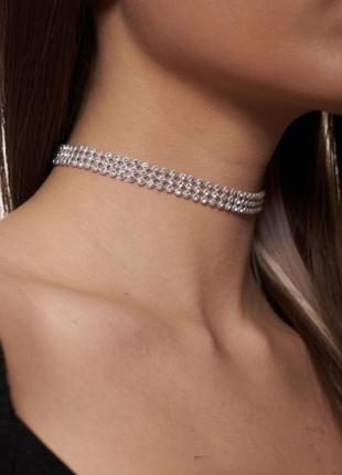 Чокер стразы серебро 3 дорожки