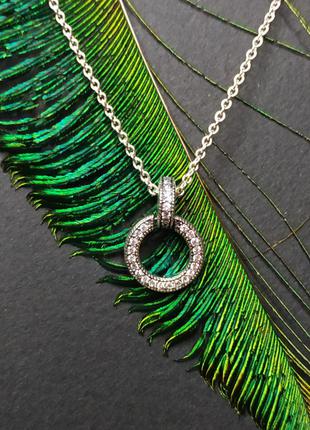 Ожерелье пандора серебро 925 проба цирконий ale плоба бирка два круга маленький круг камней камни подвеска кулон цепочка сердце 399487