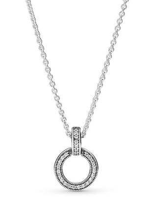 Серьги ожерелье набор пандора серебро 925 проба цирконий 299052c01 бирка два круга камней логотип логомания цепочка кулон подвеска сердечки сердце5 фото
