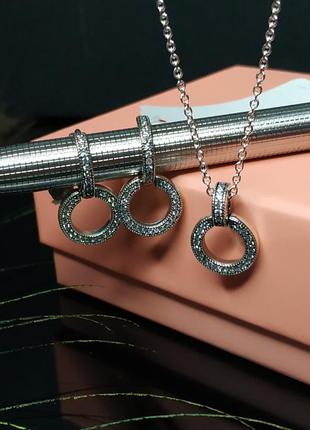 Серьги ожерелье набор пандора серебро 925 проба цирконий 299052c01 бирка два круга камней логотип логомания цепочка кулон подвеска сердечки сердце