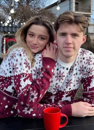 Свитер с орнаментом и снежинками, светр з оленем, свитеры для пары❤❄