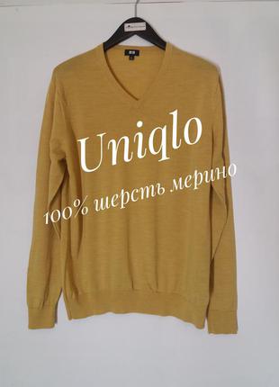 Uniqlo мужской пуловер джемпер 100% шерсть мерино тонкий теплый на высокий рост