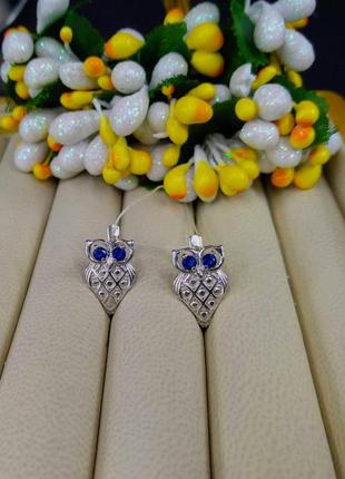 Набір срібні сережки кулон з фіанітом синім або зеленим 925 сова совушки sova2 фото