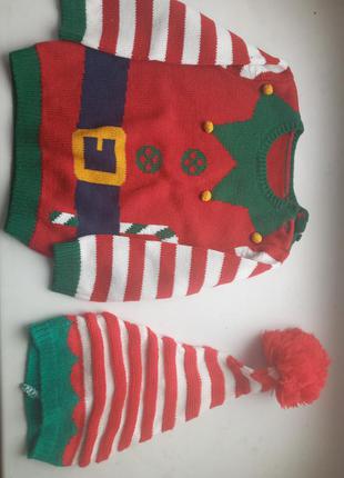 Комплект новогодний свитерок и шапочка для малыша1 фото