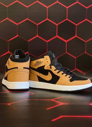 Кроссовки мужские nike air jordan 1 retro high pollen, коричневые/черные (найк аир джордан)8 фото