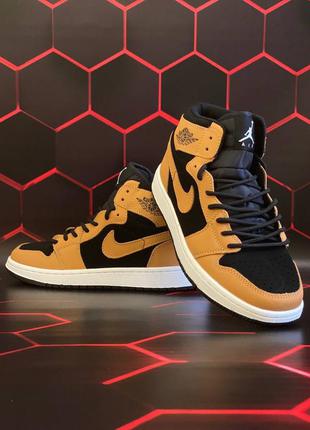 Кроссовки мужские nike air jordan 1 retro high pollen, коричневые/черные (найк аир джордан)7 фото