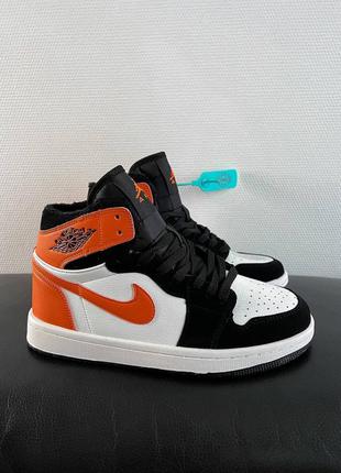 Зимние женские, мужские кроссовки на меху nike air jordan 1 retro, оранжевые/белые (джордан)