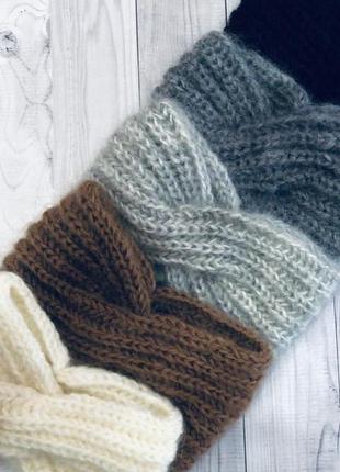 Повязка чалма набор мітенки вязані ручна робота сірі рукавички жіночі повязка на голову тюрбан мохер