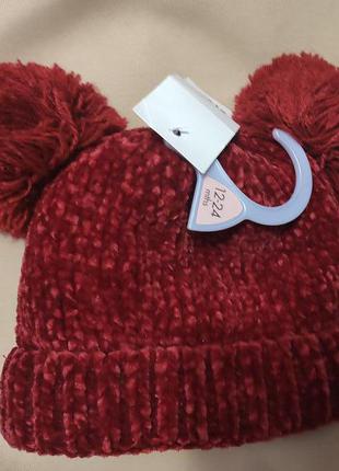 Красивая плюшевая шапка на флисе 12-24 месяца