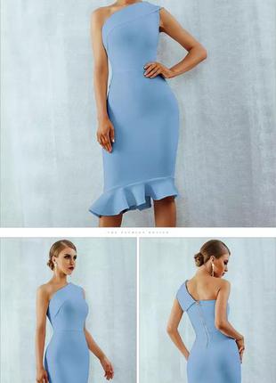 Вечернее голубое платье миди, бандажное платье на одно плечо2 фото