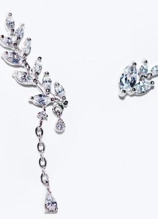 Сережки-гвоздики листя асиметрія з каменів, різні сережки, срібне покриття 925 проби