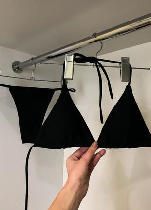 Чёрный женский купальник шторки треугольник с чашками бикини плавки на шнурках