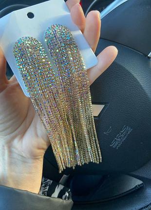 Супер длинные серьги с кристаллами золотистые2 фото