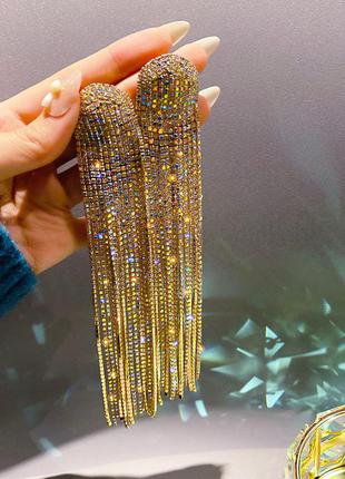 Супер длинные серьги с кристаллами золотистые1 фото
